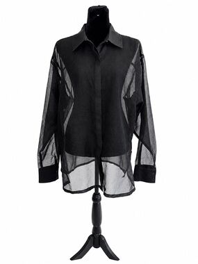 Open Edit Black Sheer Button Down Blouse Size Medium